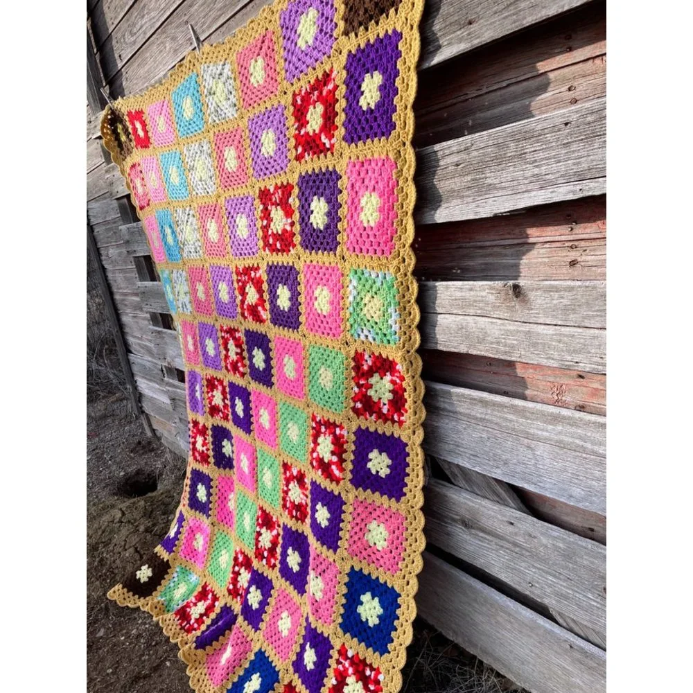 Vintage Colorful Granny Square Crochet Afghan 75x56" - Picture 10 of 16